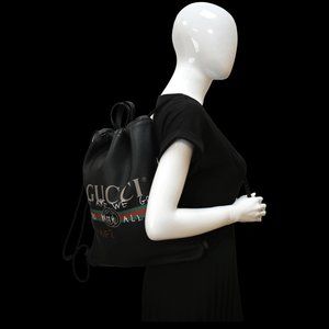 GUCCI Drawstring Print Leather Backpack Bag Black 494053